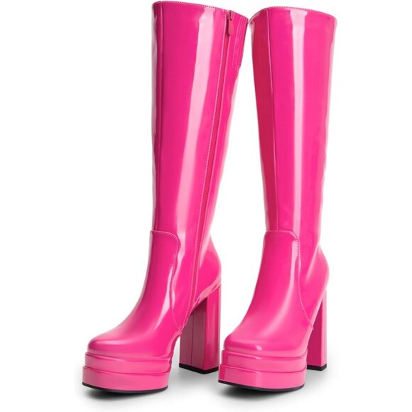 ⚡Women's Hot Pink Faux Leather Platform Heeled Knee High Long Chunky Tall Boot - Picture 4 of 7
